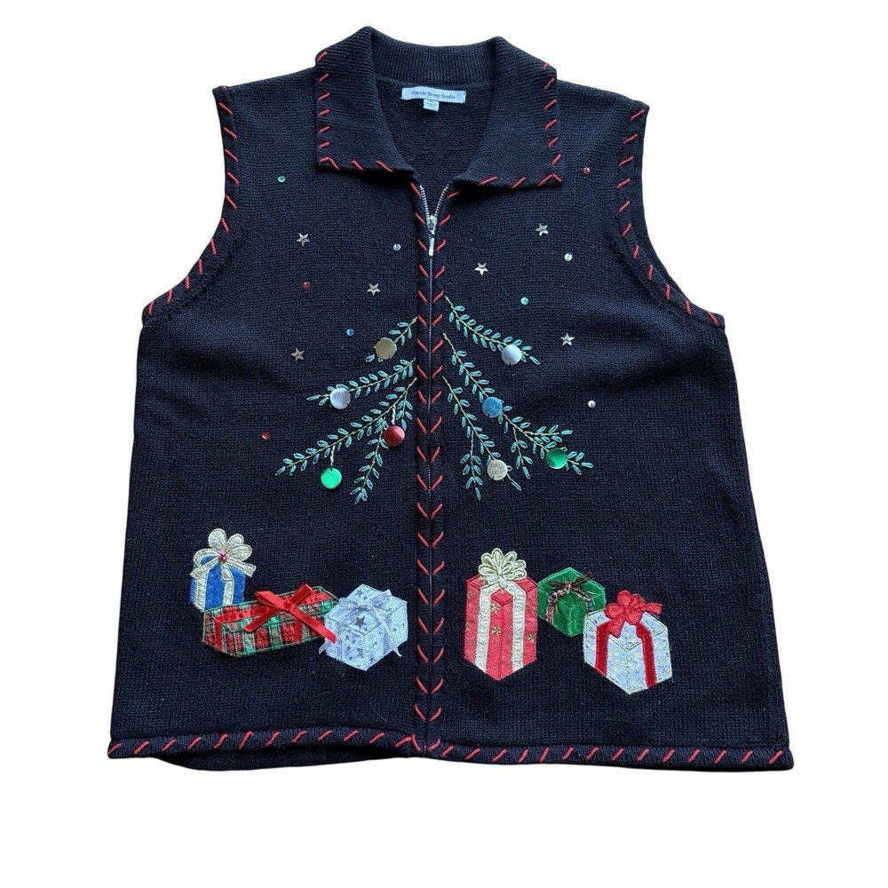 Mercer Street Studio Black Christmas Tree Gift Ugly Sweater Vest Women Large VTG